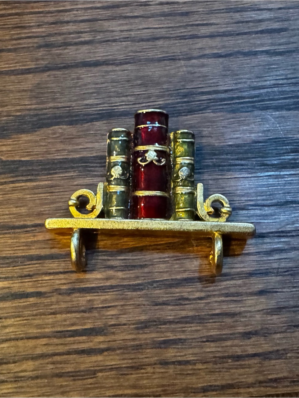 Vintage Enamel Books on a Shelf Brooch Pin Gold Tone